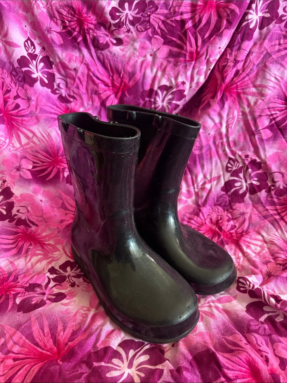 Shiny Black Rubber Mid-Calf Rain Boots